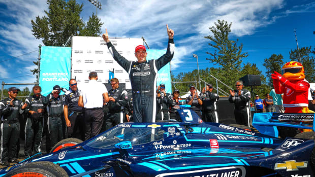 Pole-sitter Scott McLaughlin celebrates his victory in Sunday's Grand Prix of Portland at Portland International Raceway. McLaughlin is in fifth place in the championship standings with one race remaining. (Photo by Michael L. Levitt/LAT for Chevy Racing)